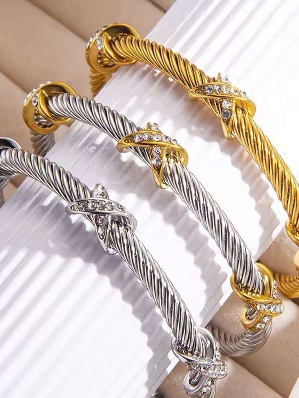 Silver-Tone Twisted Cable Cuff with Crystal Knot Details - Picture 3 of 3
